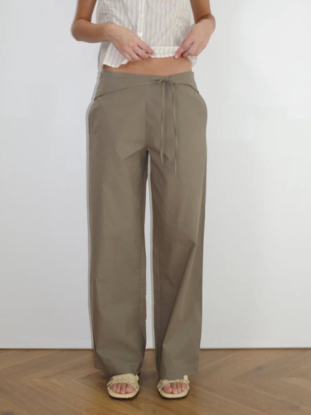 Wide-Leg Tie-Waist Pants in Olive Taupe